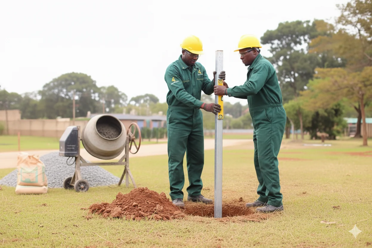 Galvanized fence post being positioned into excavated hole with concrete mixer ready in background